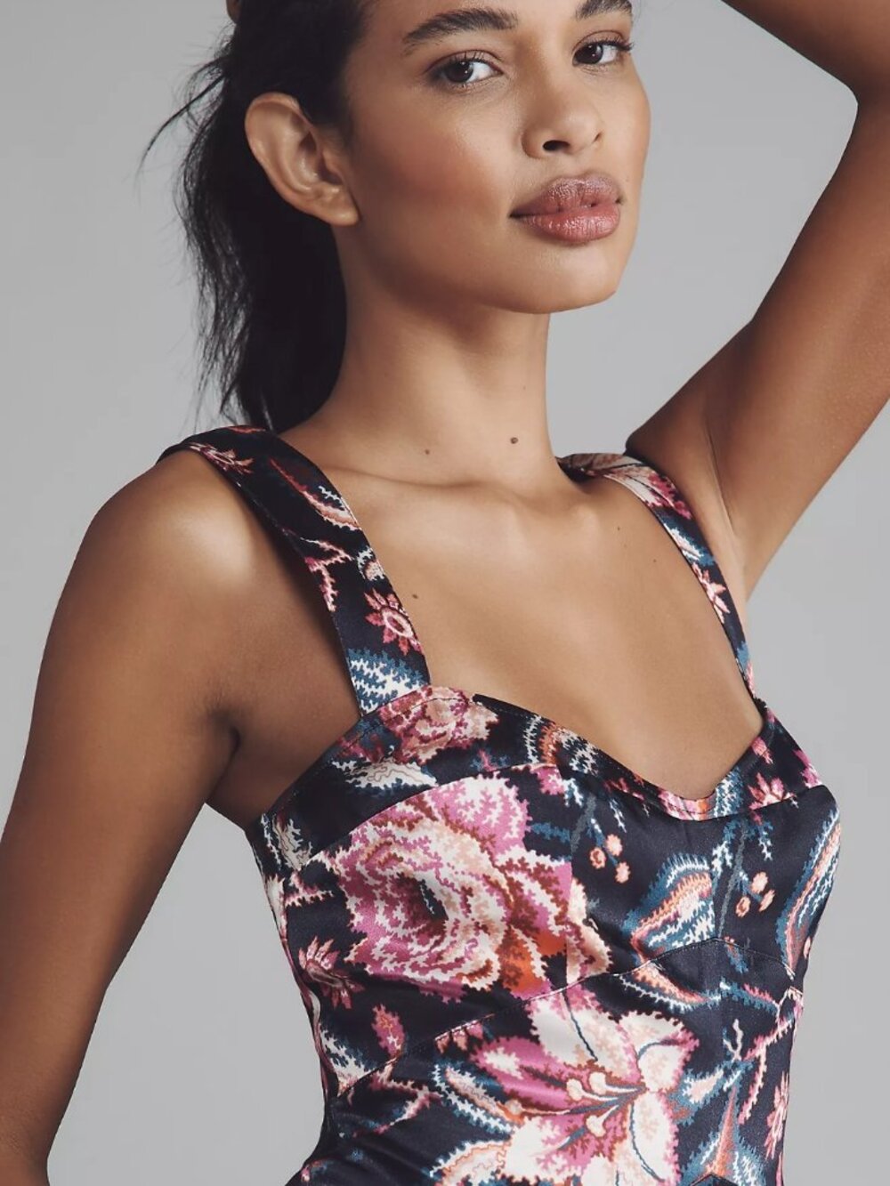 Anthropologie Floral Satin Maxi Dress in Black and Pink - Picture 2 of 9